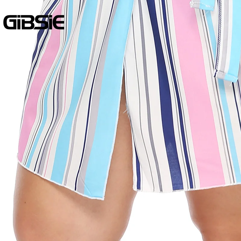 

GIBSIE Plus Size V-Neck Short Sleeve Kimono Cardigan Women Summer Holiday Casual Ladies Belted Striped Long Kimono Clothing