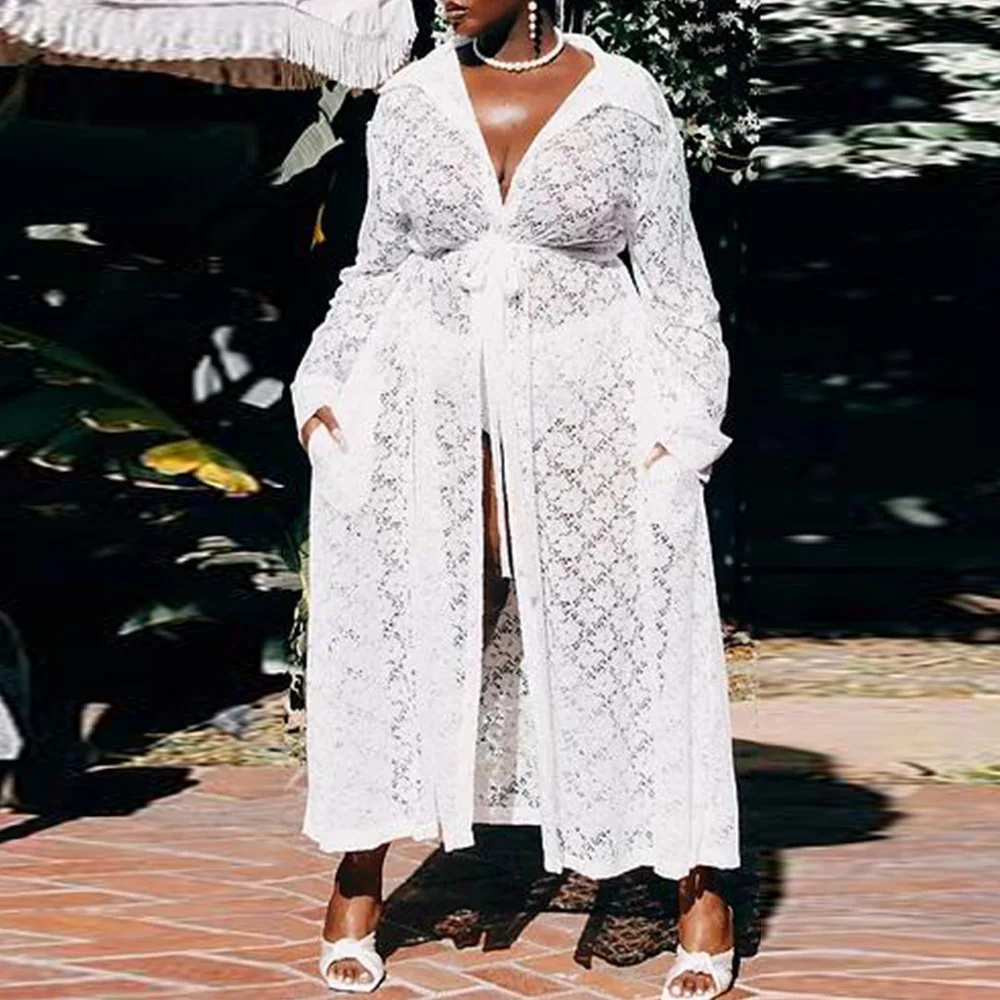 

Lace Mesh Fashion Hollow Plus Size Long Coat White Floral Sashes Clothes Women Autumn Clothing for Woman Trendy Dropshipping