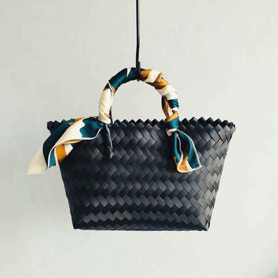 

Summer New Solid Color Woven Bag Women Food Basket Handbag Beach Travel Waterproof Women'S Bag Designer Handbags Shopping Bag