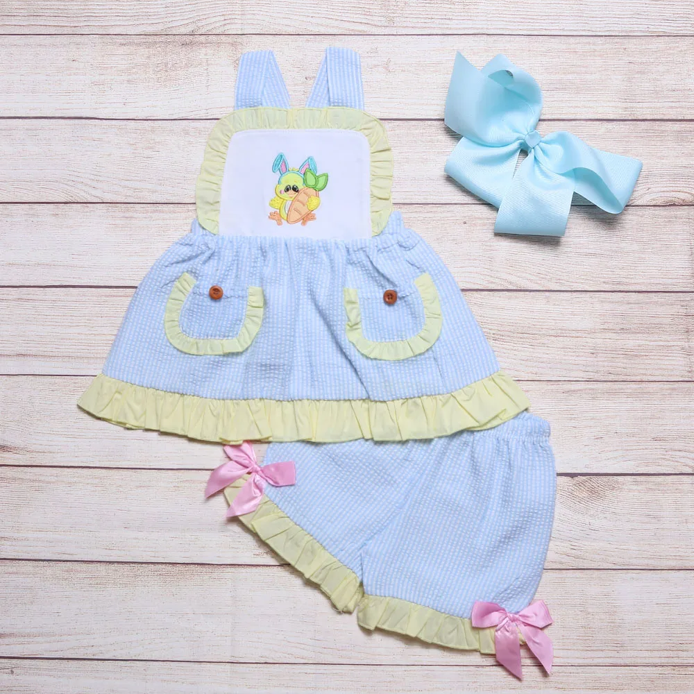 

Summer Girls Clothes Blue Vertical Stripes Strap Top And Pink Bow Shorts Easter Duck Hug Carrot Embroidered Toddler Girl Outfits