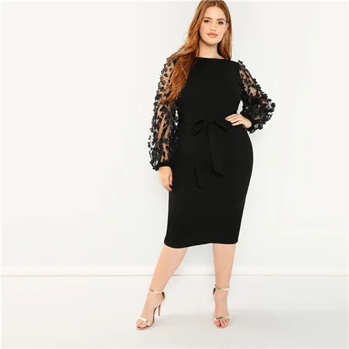 SHEIN Размера Плюс Платье Карандаш С Поясом Сетчатым Рукавом И 3D Вставкой Женские Романтические Элегантные Платья с Высокой Талией - Цвет: Черный