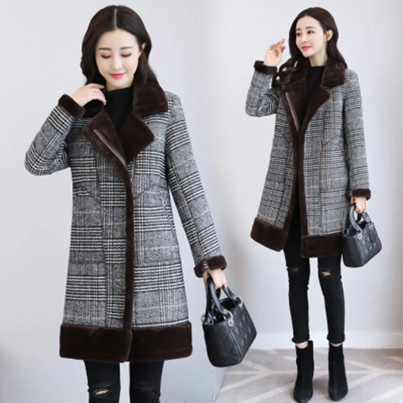 Женское шерстяное пальто большого размера вязаное с высоким воротником толстая