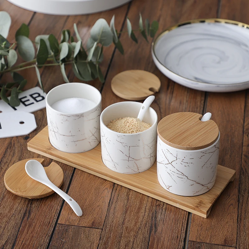 

European-style creative personality ceramic seasoning can set to send spoons kitchen salt cans and household storage season box