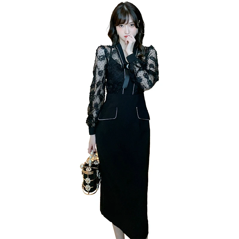 

Korean Fashion Autumn Winter Clothing Women Long Sleeve Black Lace Patchwork Wrap Dress Ladies Midi Bodycon Dresses Woman Party