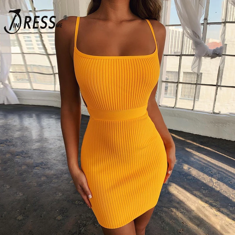 Женское облегающее платье без рукавов INDRESSME оранжевое клубное мини на бретельках