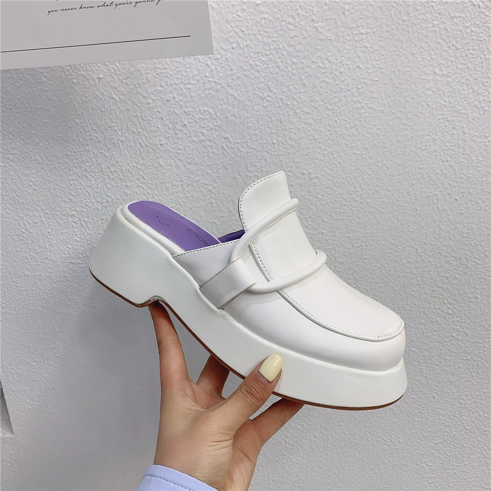 

FANAN 2021 New Brand Women Mules Round High Wedges Heel Slipper Shoes Slip on Round Causal Platform Shoes Ladies Sandal Slid