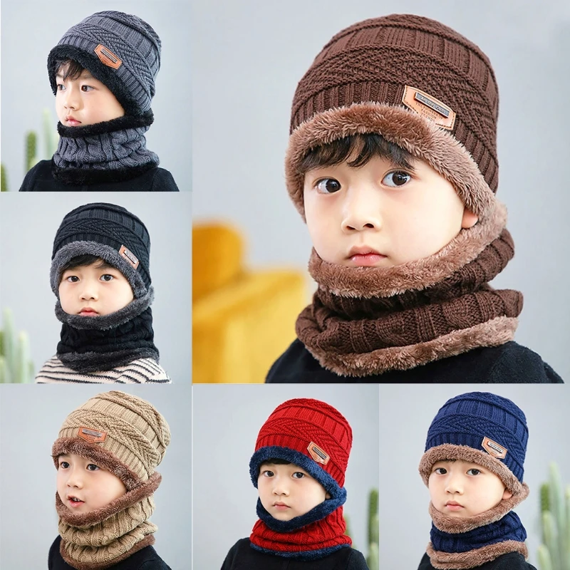

Kids Winter 2Pcs Beanie Hat Circle Scarf Set Faux Leather Label Crochet Knit Plush Lined Slouchy Skull Cap Neck Warmer