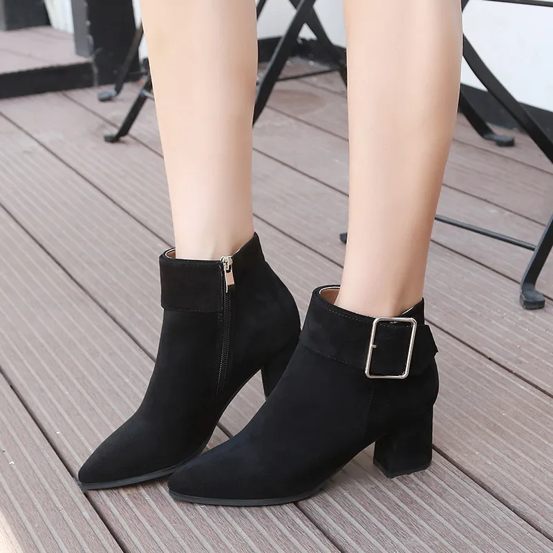 

Buckle Thick Heel Boots Women Pointed Ankle Boots Black Suede Booties Autumn Winter Bottine Femme Beige Party Shoes for Women
