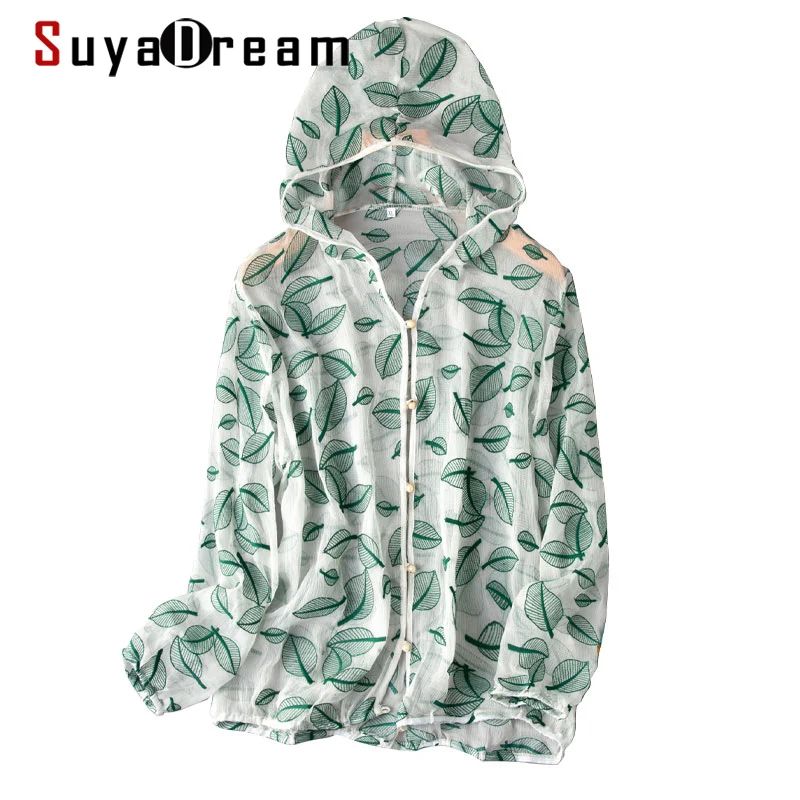 

SuyaDream Woman Hooded Shirt 100%Silk Long Sleeves Embroidery Transparent White Green Jackets 2021 Spring Summer Outwears