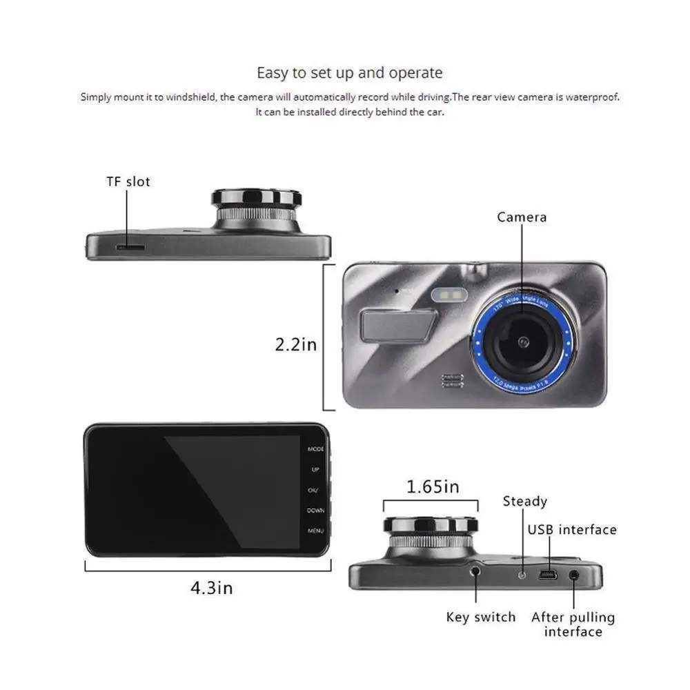 

Universal HD Car DVR Camera 4 Inch Dual Lens Image Driving 1080P Recorder Cam Dual Reversing Dash Lens Support Angle Hidden A8L8