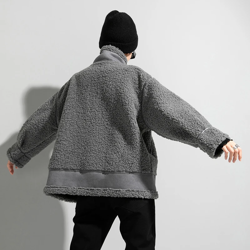 

[EAM] Loose Fit Gray Lambswooll Thick Pocket Jacket New Stand Collar Long Sleeve Women Coat Fashion Autumn Winter 2021 1DD1440