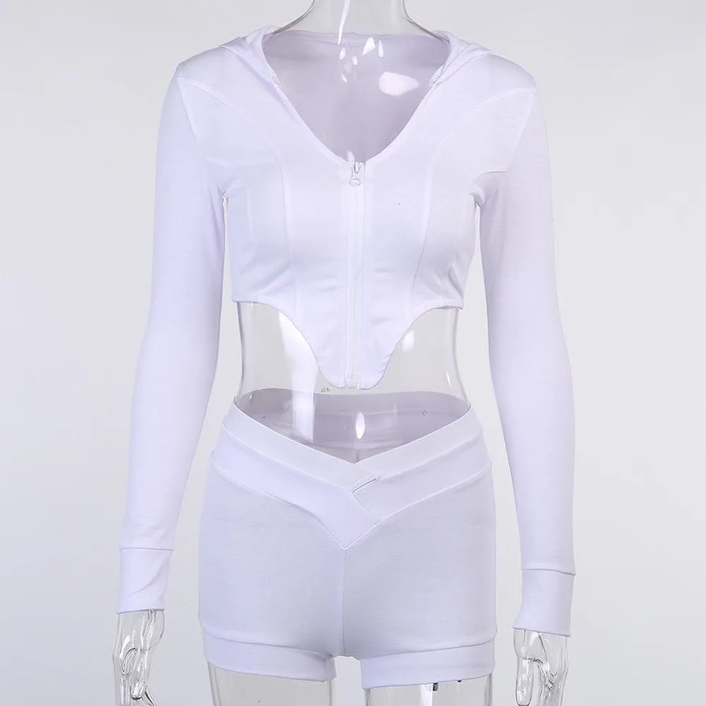 

2021 New Casual Long Sleeve Bodycon Women Matching Sets Hooded Workout Active Wear 2 Piece Outfits Corset Top And Shorts Set Hot