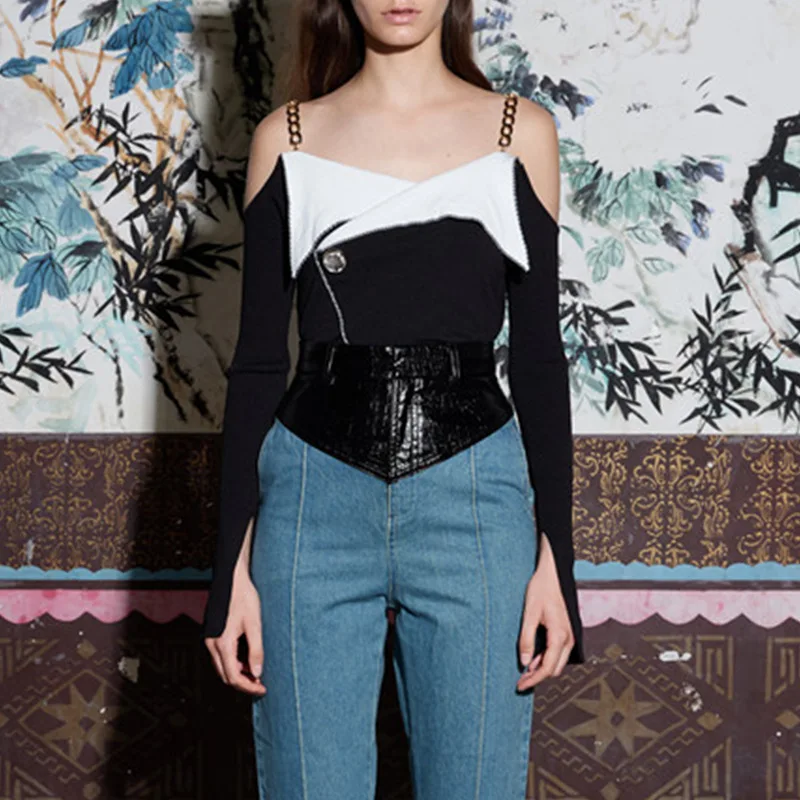 

SuperAen 2021 Spring New Fashion Sexy Patchwork Rhinestone Gold Chain Shoulder Belt Waist Knitted Camisole Women