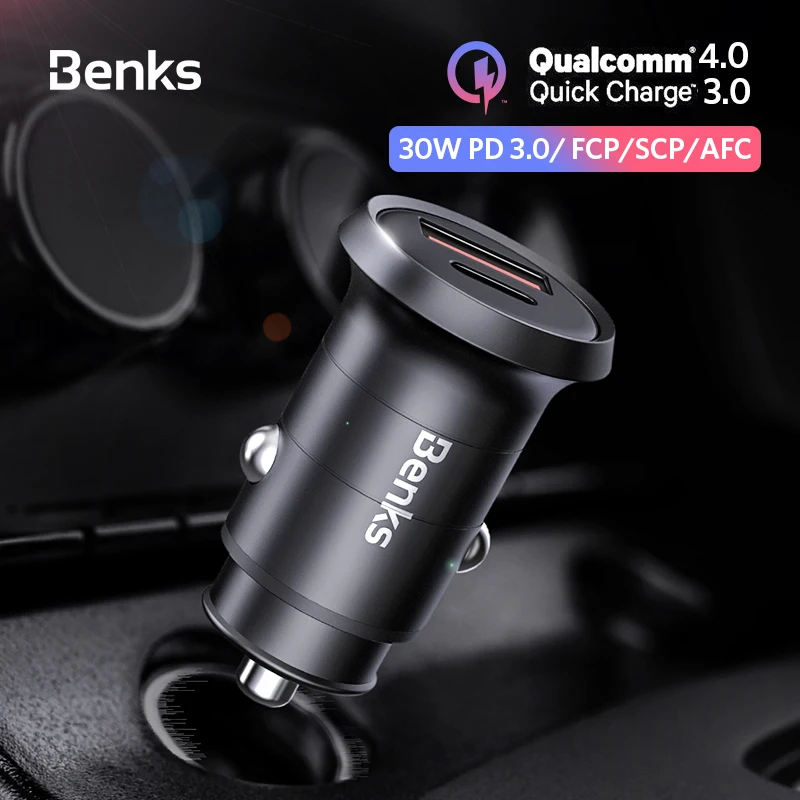 Benks Car Charger Dual Port PD QC 4.0 30W Type C Fast Charging Charger Quick Charge 3.0 For iphone 11 Pro Sumsung Huawei Xiaomi