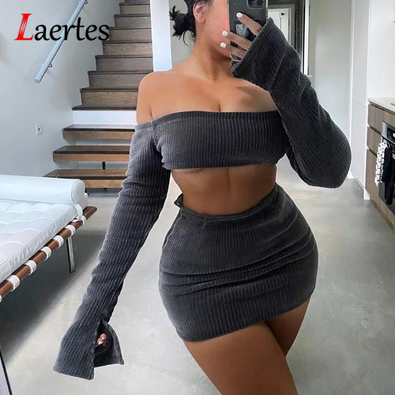 

Laertes Two Piece Set Skirts Women Autumn Elegant Sexy Off Shoulder Ribbed Crop Top And Mini Skirt Sets Dress Suits Club Outfit