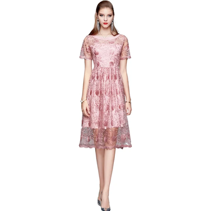 

Simgent Embroideried Dress Women Pink Floral A Line Elegant High Quality Mesh Dress Vestidos Robe Femme Woman Clothes SG08103