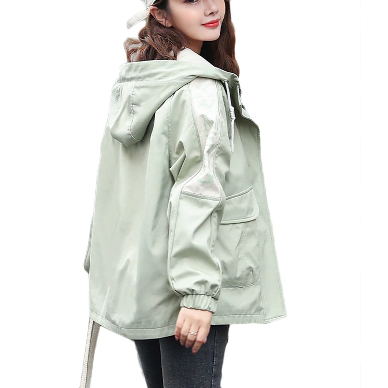 

New Spring Autumn Korean Fashion Loose Casual Outerwear Plus Size Women's Short Windbreaker Printed Hooded Trench Coats 3XL