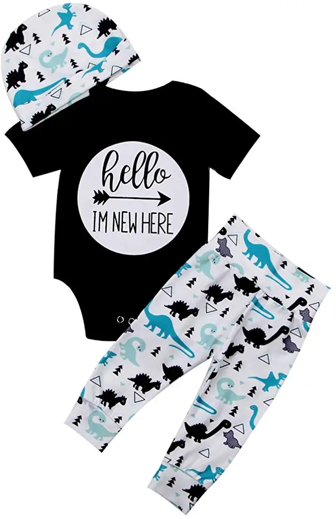 

US Newborn Baby Girl Boy 0-18M Dinosaur Romper Bodysuit Pants Hat Outfits Clothes Set