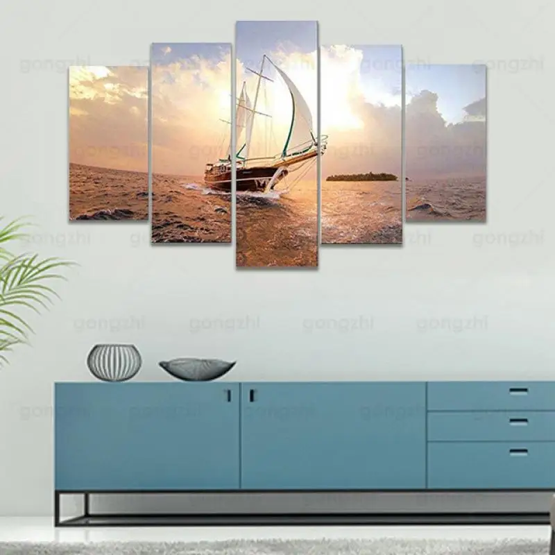 

Modern Frameless 5Pcs Seascape Photography Wall Painting Golden Sunshine Sailboat Sea Hd Waterproof Ink Printing Home Poster