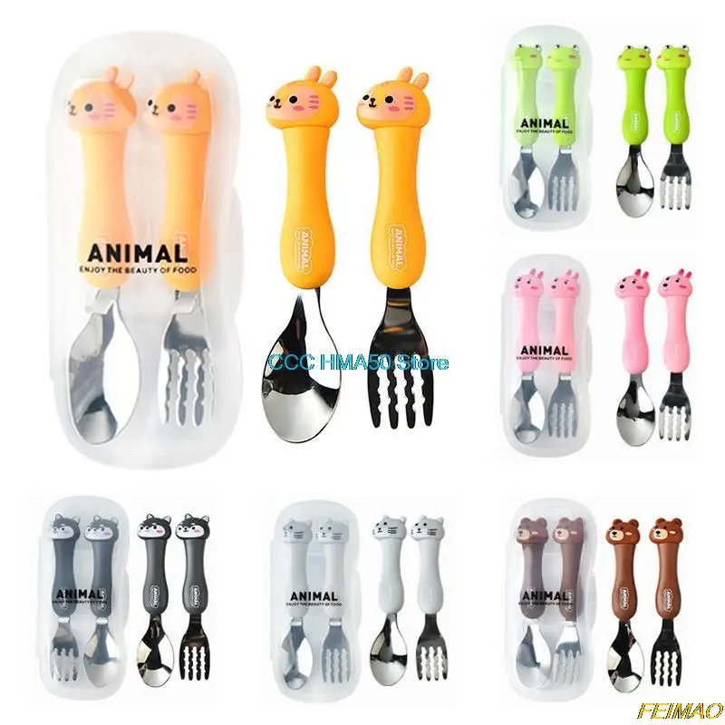 

2 Pcs/Set Kids Spoon And Fork Set Cartoon Animal Tableware Set Feed Kid Children's Stainless Steel Cutlery
