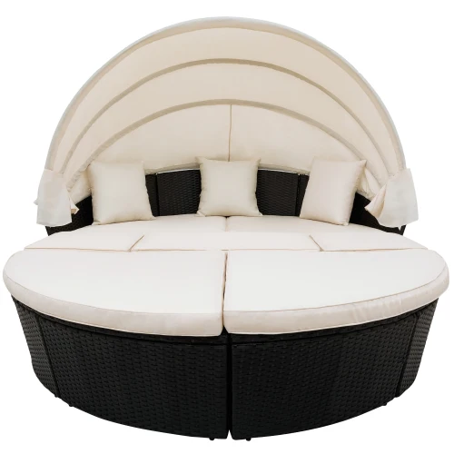 Outdoor garden furniture rattan sofa bed and retractable canopy round outdoor set wicker clamshell seat beige. | Мебель