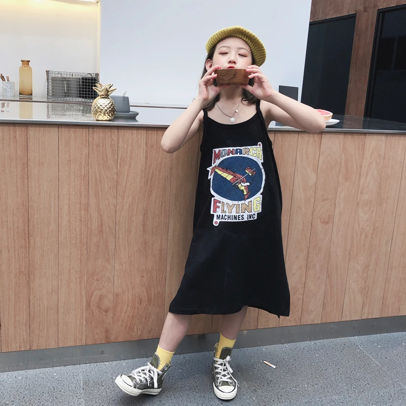 Vintage Kids Girls Dresses One piece Strap Dress Summer Printed Side Slit Braces 5 6 7 8 9 10 11 12 13 Years Clothes | Детская одежда и