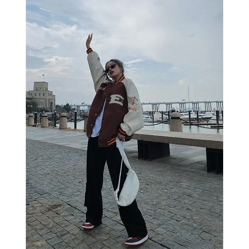 

2021 New Unisex All-match Baseball Jacket Bomber Jacket Hip-hop Furry Bone Color Block Color Block Jacket Harajuku Streetwear