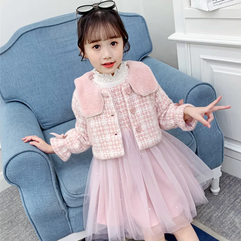 

Комплект одежды для девочек-подростков DFXD, модное зимнее розовое клетчатое бархатное пальто + Сетчатое лоскутное платье-жилет, наряд принцессы на 3-12 лет