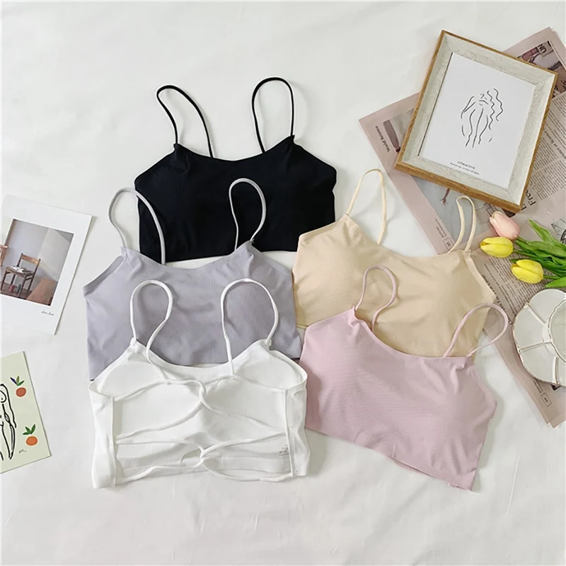 X Women Casual Versatile Sleeveless Thread Cotton Off Shoulder Slim Solid Sexy Strap Top Tube White Black Gray Apricot Pink | Женская