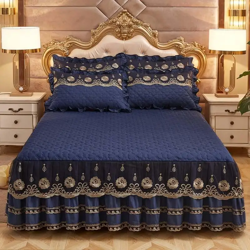 

European Luxury Bedspreads and 2PCS Pillowcase Thick Cotton Bed Skirt with Lace Edge Twin Queen King Size Bedding Set Non-slip