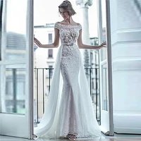 scoop neck mermaid wedding dress lace appliques with detachable train buttons back vintage long 2 in 1 bridal gowns spring beach