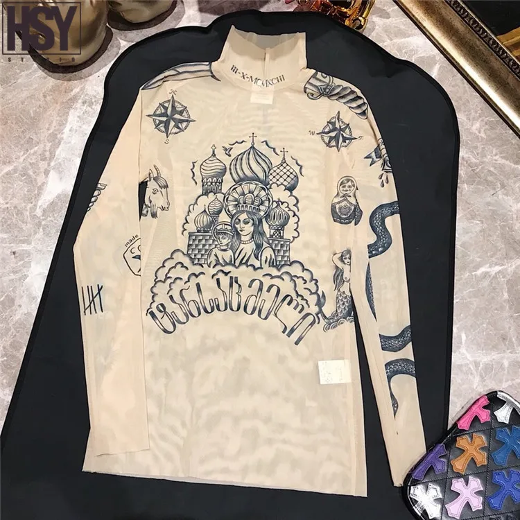 【HSY】2019 Осень Новая мода женщин базальный Топ богиня тату печати с длинным