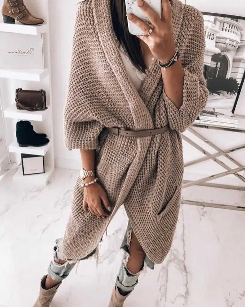 

Open Stitch Sweater Cardigan Pocket Solid Loose Long Sweater Women Winter Fashion Casual Knitted Sweaters