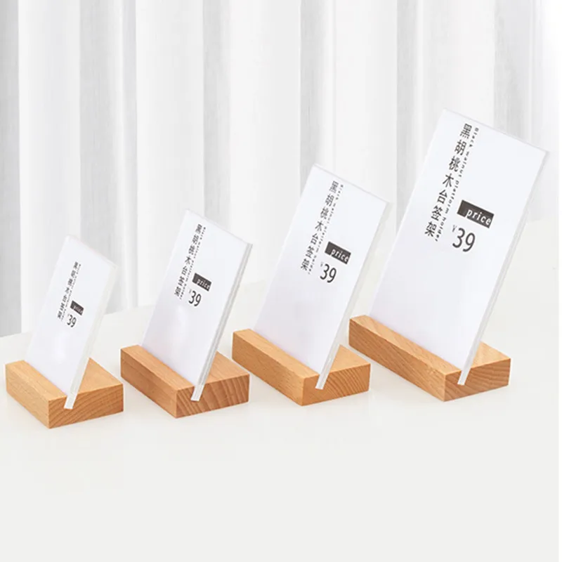 

L Shape Mini Sign Display Holder Wood L Shape Counter Top Stand Clear Acrylic Price Card Tag Label Stand