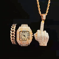 iced out watch necklace bracelet for men luxury diamond square gold watch men bling hip hop jewelry middle finger pendant chains