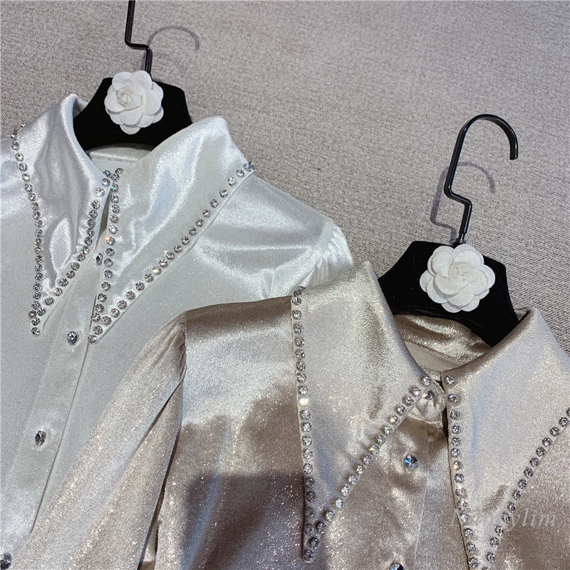 Tempérament Strass Satin Petit Haut Pour femmes 2021 printemps Col Rabattu À Manches Longues Chemisier De Dame Blusas Nancylim