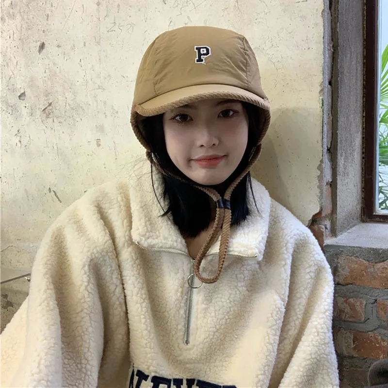 

Temperament ~ Korean P Letter Flying Hat Female Winter Warm and Windproof Lei Feng Hat Lamb Hair Ear Protection Cap