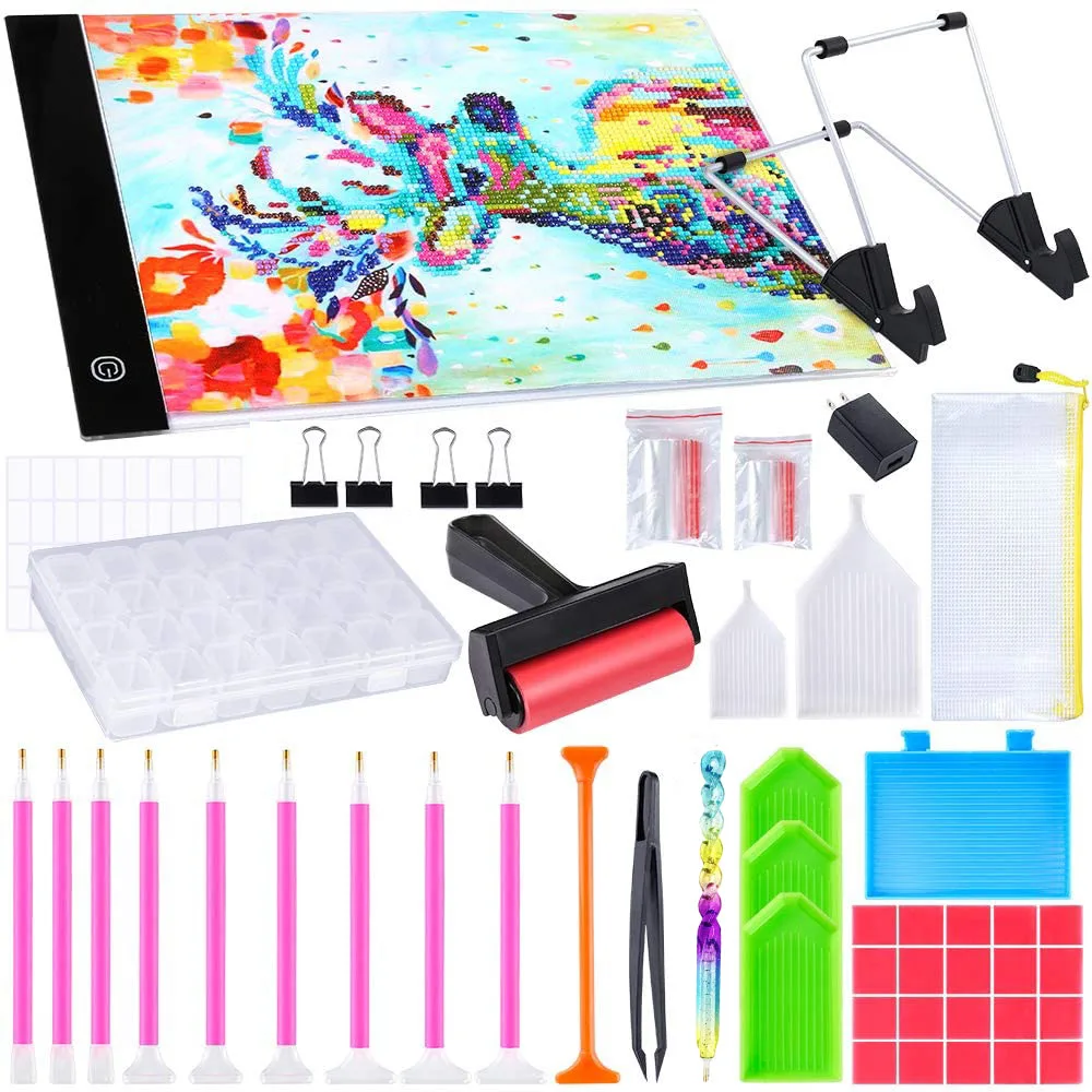 DIY Diamond painting tool set includes A4 LED Light pad with support , tweezers, clay, plastic tray, roller and Drill box,