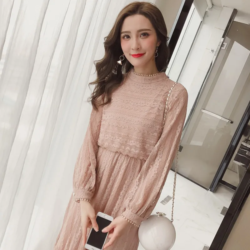 Новый Для женщин платье длинный рукав кружево Тонкий интеллект дыма длинные