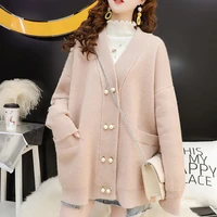 pearl double breasted chic cardigan women fall 2020 soft solid woman sweater coat winter v neck loose cardigan female jacket new