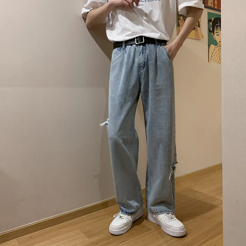 

2021 2021 Wide-leg jeans men's summer thin Hong Kong-style retro ripped men's trousers Korean loose straight mopping pants