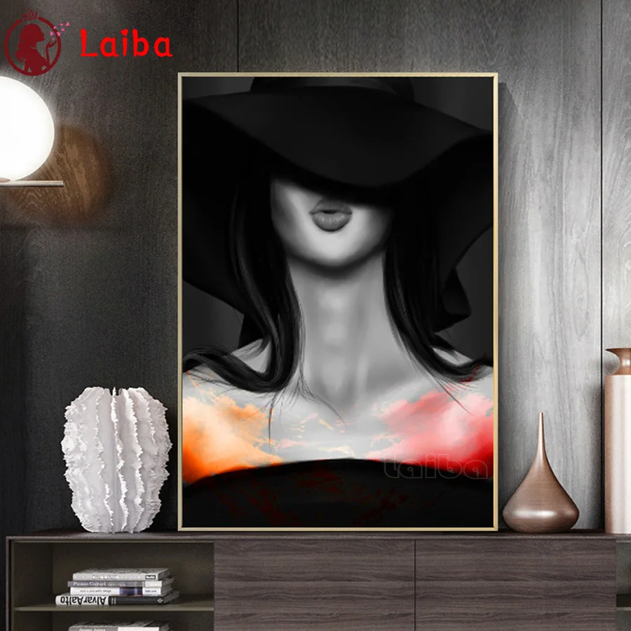 

Черно-белая привлекательная шляпа с красными губами для курительных женщин, Новое поступление, алмазная живопись «сделай сам», картина стр...