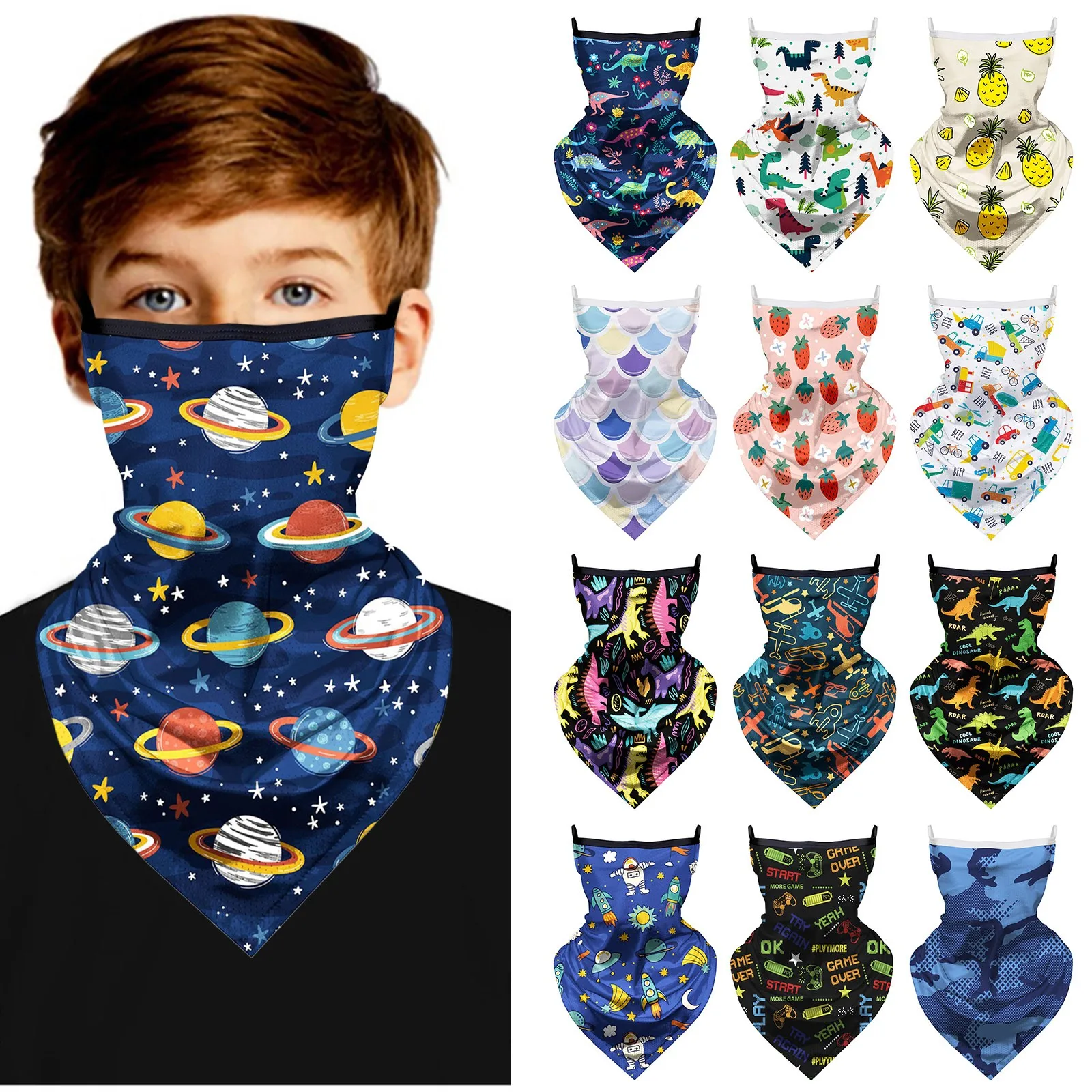 

Kids Neck Gaiter scarf Sun UV Protection Planet print Coverage Breathable Tube Mask Face Mask Cover Pm2.5 Earloop Bandage Masks