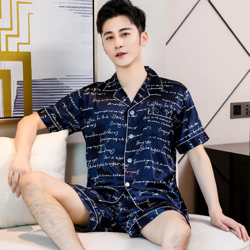 

Men Stain Silk Pajamas Sets pigiama uomo Summer Homewear Nightwear for Men pyjamas men