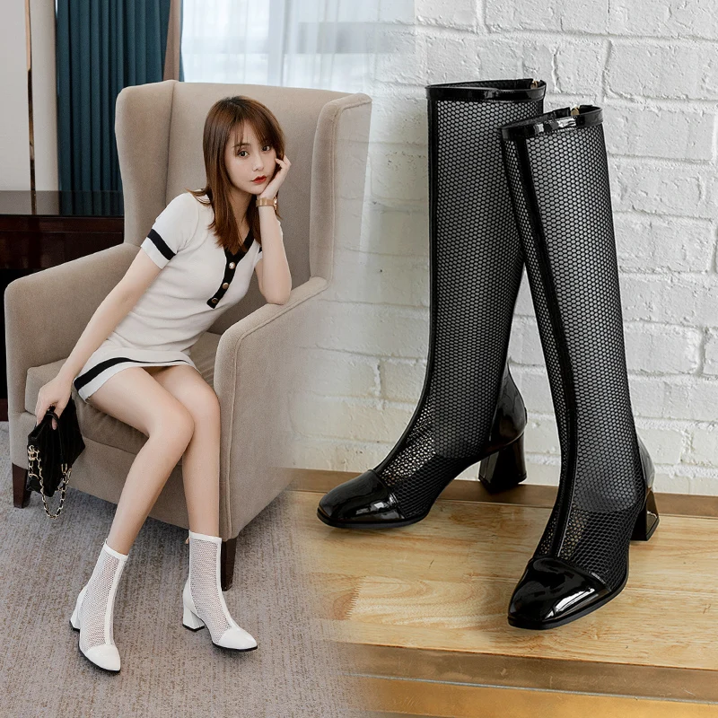 Женские сетчатые сапоги до колена на молнии с кружевом размеры 31-48