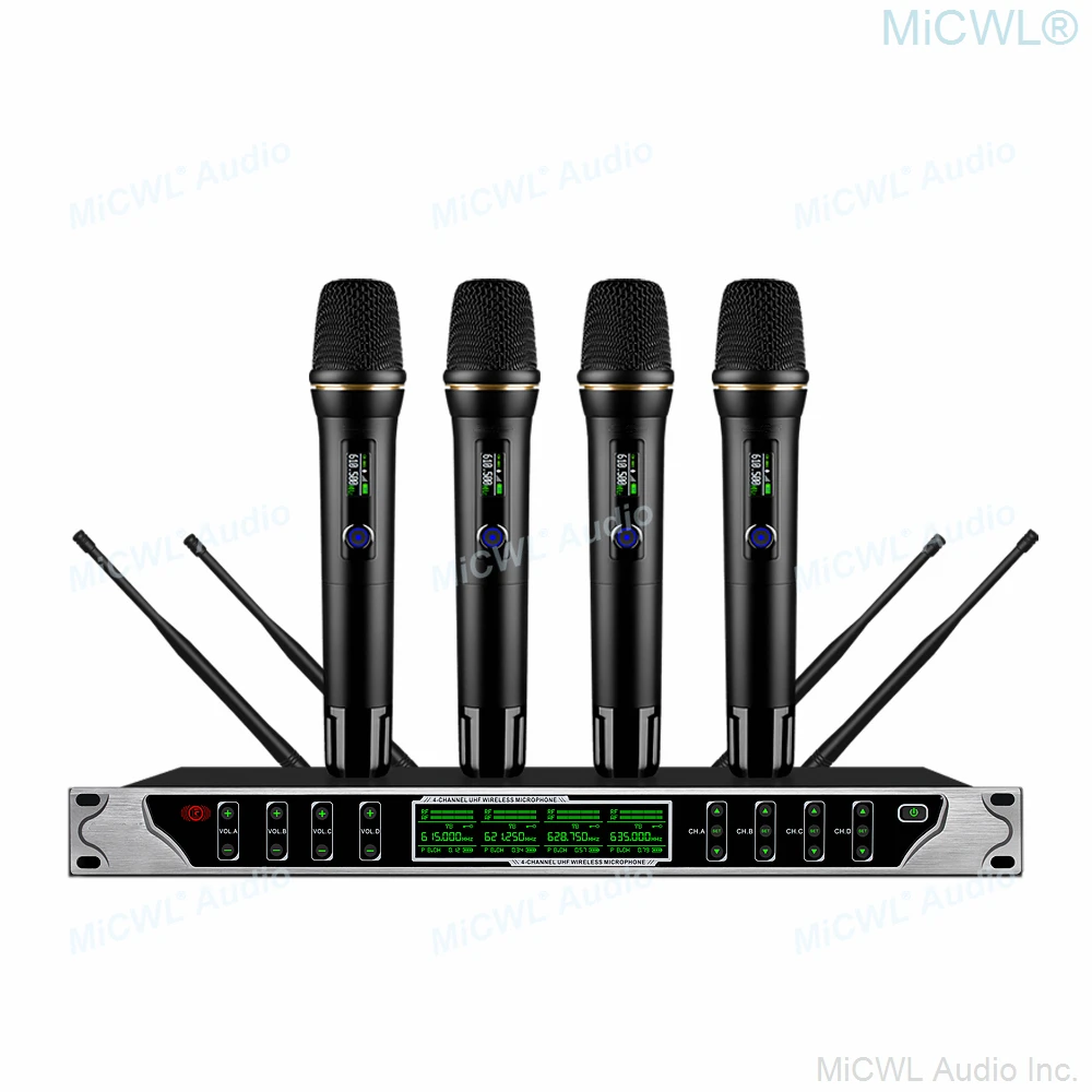 구매 MiCWL-UHF 4 마이크 채널 디지털 무선 마이크, 마이크로폰, 최고 무대 공연 가라오케 시스템, 실버 블랙 핸드 헬드 세트