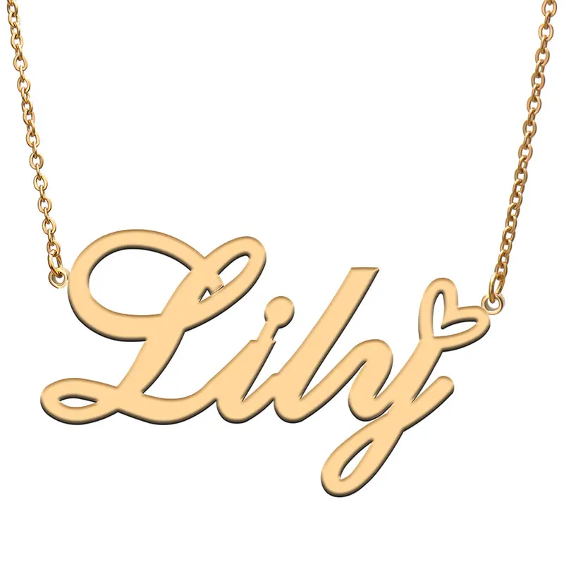 Love Heart Lily Name Necklace for Women Stainless Steel Gold & Silver Nameplate Pendant Femme Mother Child Girls Gift