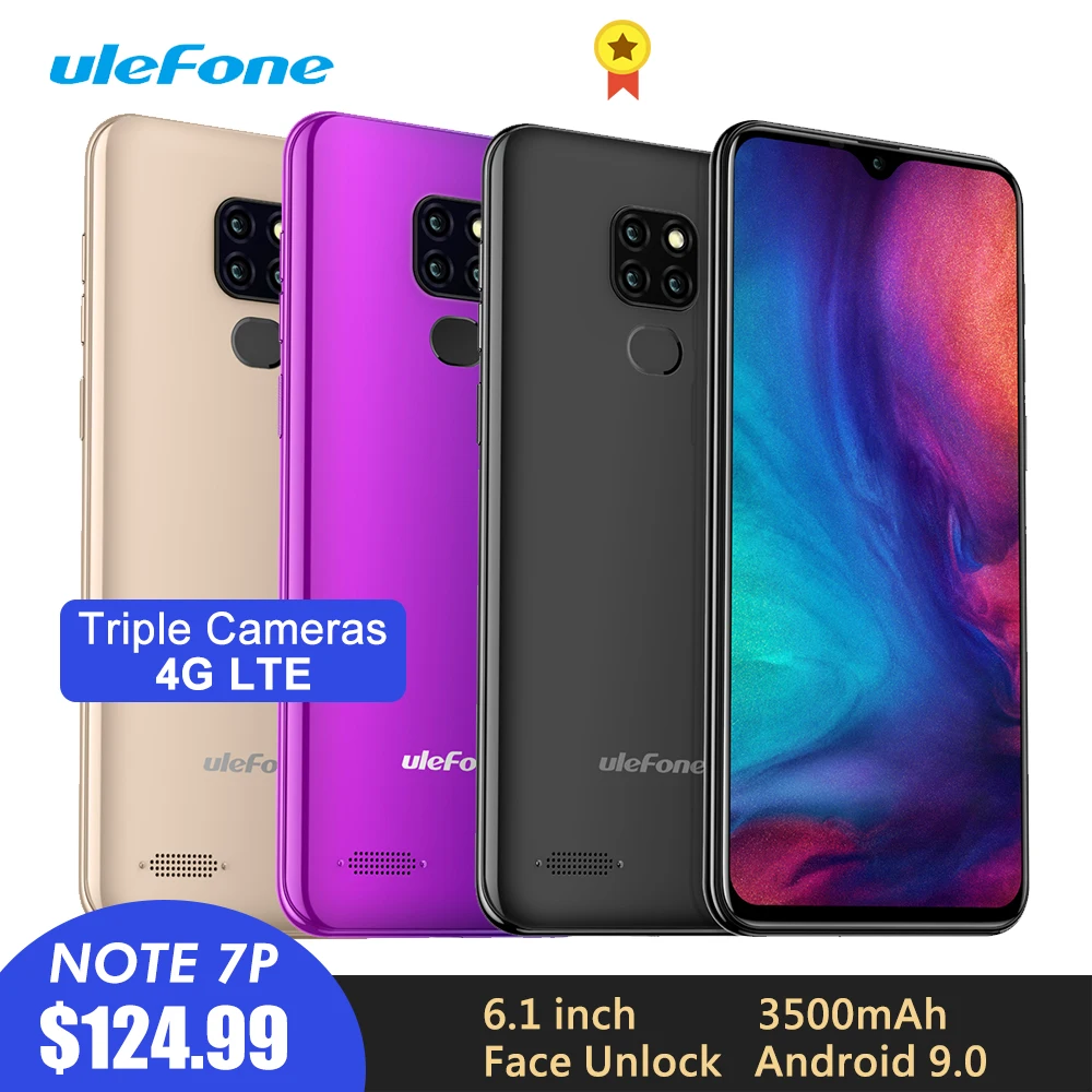 Смартфон Ulefone Note 7P Android 9,0, 3500 мАч, 6,1 дюймов, с тройной камерой, Face ID, четыре ядра, 3 Гб+ 32 ГБ, 4G, мобильный телефон, мобильный телефон