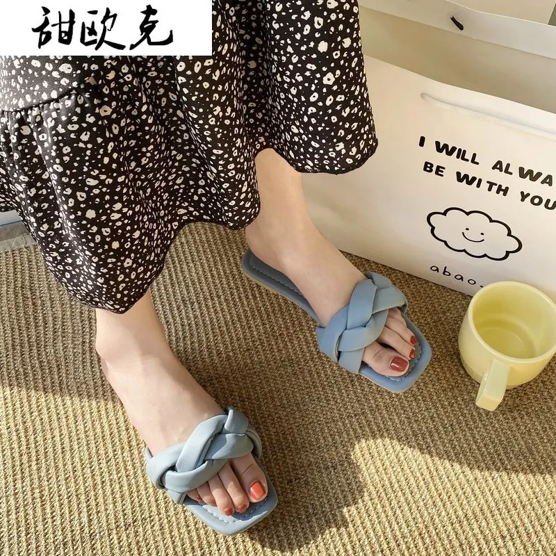 

Summer Women's Flat Shoes Beach Sandals One-word Slippers Party Fashion Soft Sole Woven Upper Leather Slippers Sandals Women