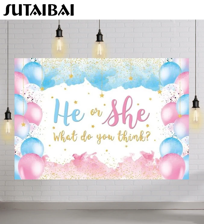 

He or She What Do You Think Gender Reveal Party Backdrop Baby Shower Pink or Blue Boy or Girl Watercolor Photography Background